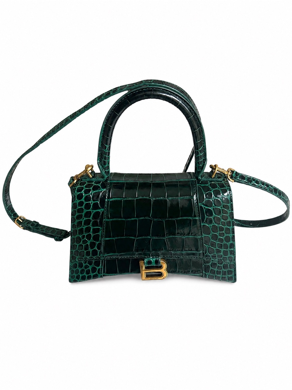 Balenciaga Green Croc-Embossed Hourglass Mini Top Handle Bag with Gold Hardware
